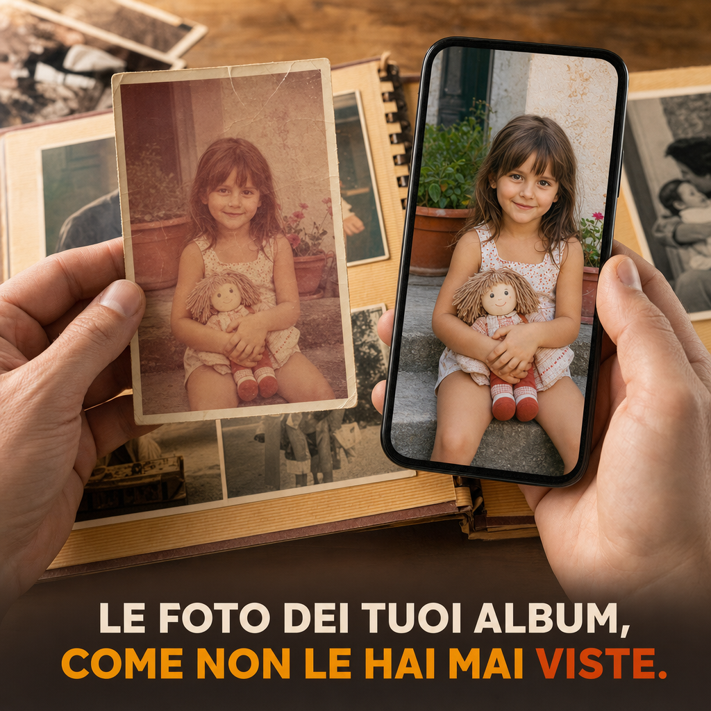 La foto sbiadita dell'album accanto alla stessa foto restaurata da Rivive: nitida e a colori