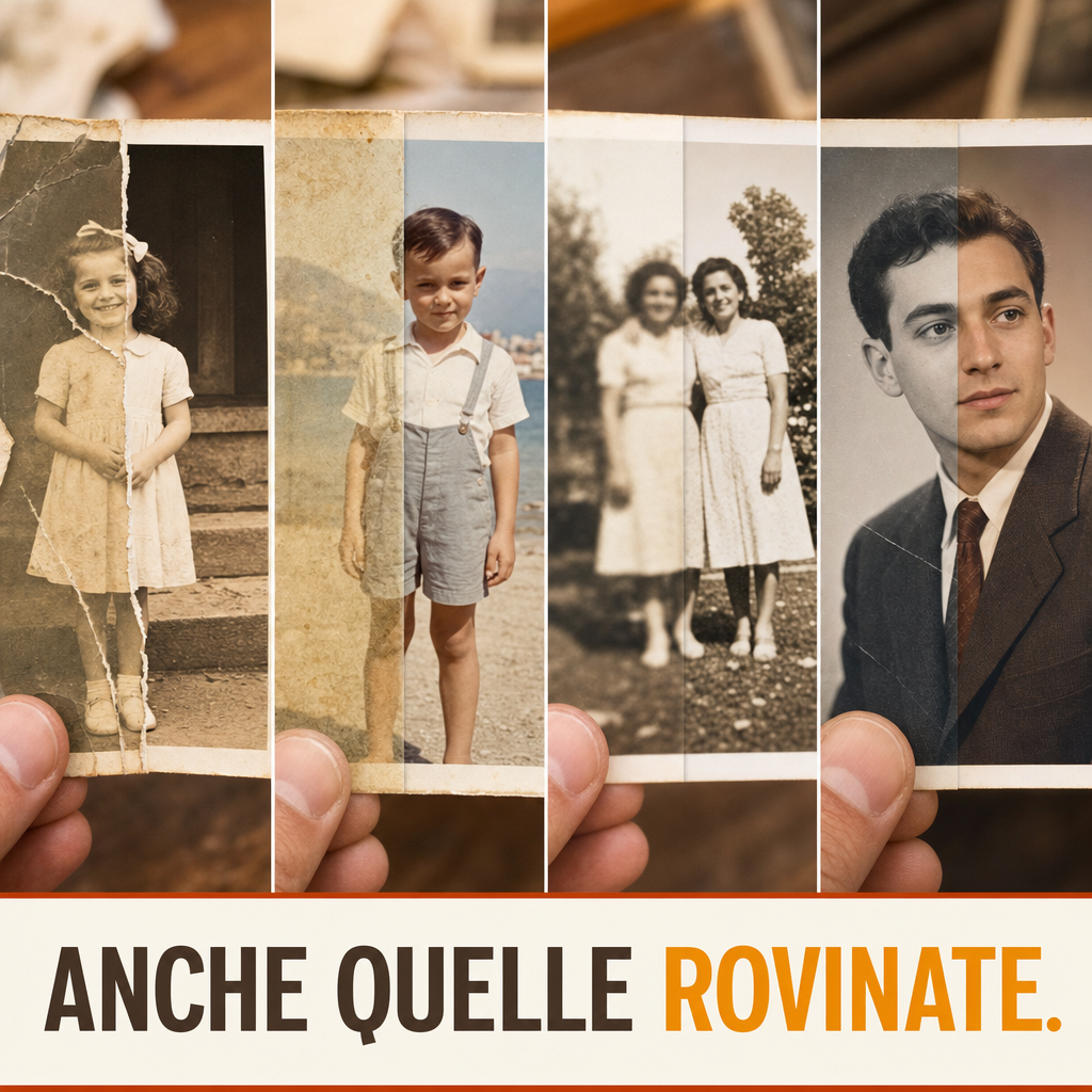 Quattro foto rovinate — strappata, sbiadita, sfocata, in bianco e nero — riparate da Rivive